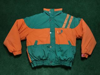 Vtg 90s University Of Miami Hurricanes Puffer Jacket Coat Adult Size L Rare