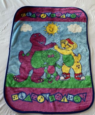 Vintage Barney Dinosaur Throw Crib Blanket Baby Bop Bj Backyard Gang 40x29
