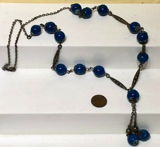 Vintage Art Deco Czech Faux Lapis Blue Glass Bead Necklace