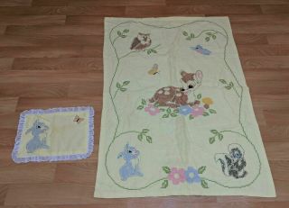 Disney Bambi & Friends Quilt Baby Blanket Handmade Crossstitch & Pillow Vtg 70s
