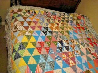 Vintage Handmade 100 Cotton Patchwork Quilt Triangles Multicolor 84 " X 70 "