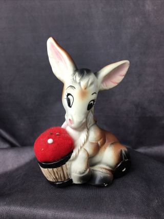 Rare Vintage Ceramic Donkey Mule Pin Cushion Tape Measure Figurine Japan
