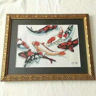 Koi Carp Fish Completed Cross Stitch Framed Wall Art Vintage 17x13