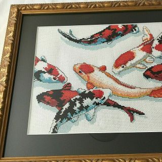 Koi Carp Fish Completed Cross Stitch Framed Wall Art Vintage 17x13 2