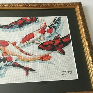 Koi Carp Fish Completed Cross Stitch Framed Wall Art Vintage 17x13 3