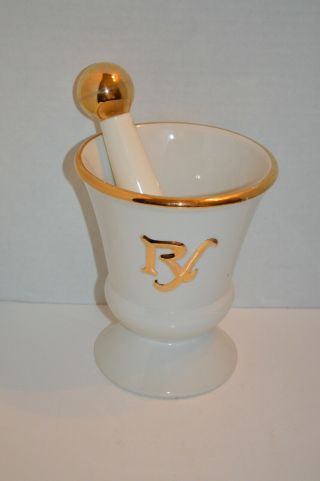 Vintage Porcelain Mortar & Pestle Set Rx Apothecary Cream Gold Rimmed
