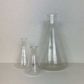 Set Of (3) Pyrex Erlenmeyer Flask Vtg Green Label Lab Glassware Chemistry Usa