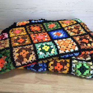 Pair Vintage 1970s Crochet Afghans Granny Squares Hand Made Throw Blanket