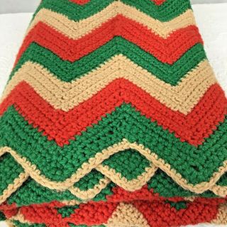 Vtg 70s Handmade Afghan Throw Blanket Twin Chevron Green Tan Orange Crochet