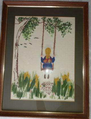 Vintage Handmade Framed Crewel Embroidery Girl On Tree Swing Pigtails Flowers