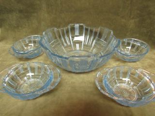 Vintage Art Deco Sowerby Glass England Blue Large Bowl With 4 Smaller Bowls