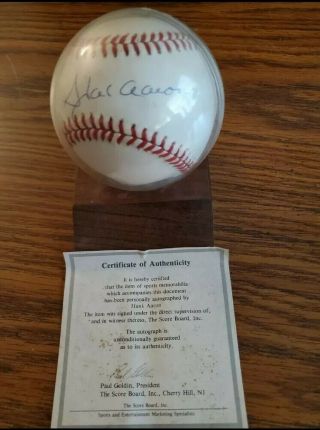 Hank Aaron Autographed Baseball With Certificate Of Authenticity