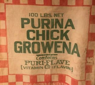 Vtg Org Cotton Cloth Purina Chick Growena Feed Sack Bag - Checkers - Farm - Chickens