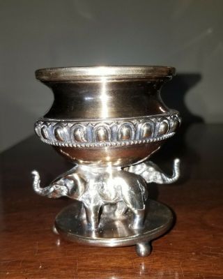 Vintage Solid Brass And Glass Insert Open Salt Cellar Dish W/ Elephant Motif