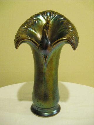 Vintage Pottery Peacock Figure Figurine Vase Iridescent Carnival Like Blue Glaze