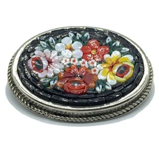 Vtg Micro Mosaic Silver Tone Brooch Pink Yellow Red Roses Flowers Black Oval A4