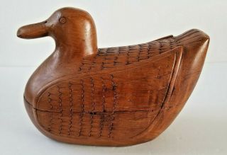 Vintage Folk Art Wooden Hand Carved Duck Figurine Box