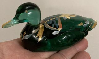 Vintage Fenton Green Glass Hand Painted In Usa Artist Signed Collectible Duck