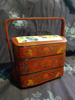 Antique Jubako Lacquered Wooden 3 Tiered Stacked Bento Box Porcelain Painted Vtg