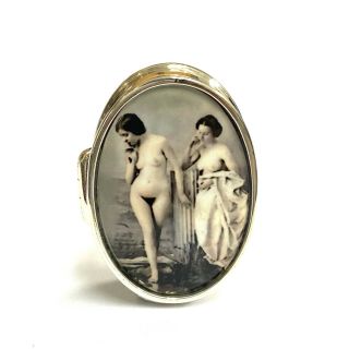 Vintage Style Enamel Erotic Women Pill Snuff Box 925 Sterling Silver