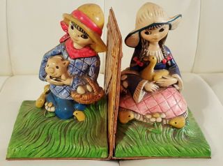 Vintage Earl Bernard Bookends Made In Japan Farm Boy And Girl Collectible