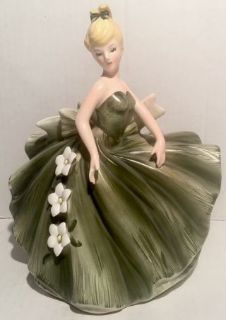 Vintage Lefton Girl Lady Planter Figurine Green Dress Gown St Patricks Day 290b