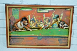 Vintage Dogs Playing Pool Wooden Billiards Pub Sign 3d Art Sign 23 X 16