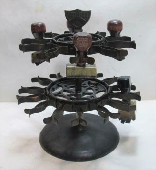 Vintage Utility Cast Iron 2 Tier Rubber Stamp Holder Carousel Rack With 5 Stamps