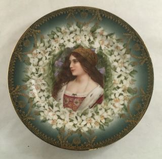 Vintage Royal Vienna Style Porcelain Portrait Plate Gilt Gold Green Floral Rim