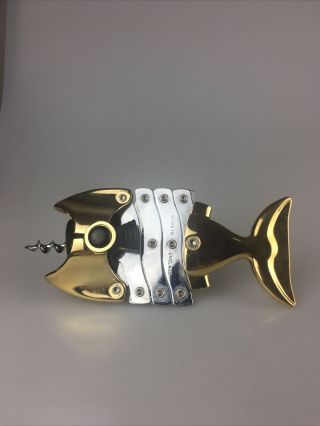 Vintage Lazy Fish Chrome And Brass Corkscrew Wine Bottle Opener From England