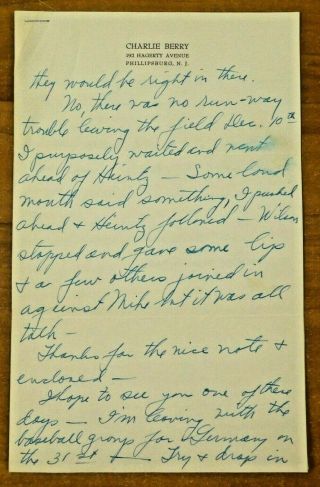 Charlie Berry Pottsville Maroons Signed Hand Written Letter To Greasy Neale
