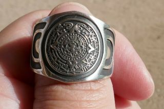 Vintage Mexico Sterling Silver Aztec Calendar Style Ring - Size 10.  5 / 7.  5 Grams