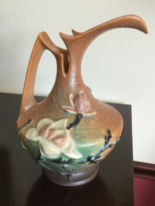Vintage Roseville Pottery Brown Ewer Pitcher Vase Magnolia Pattern