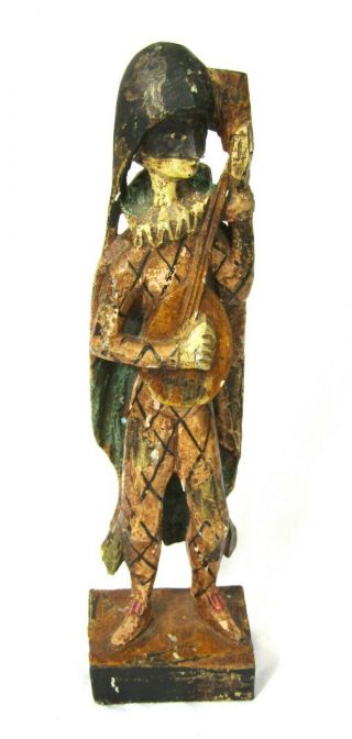 Vintage Hand Carved Wood Statue Of Harlequin Playing Guitar By Vergara,  Spain