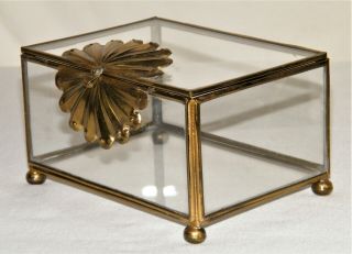 Rare Unusual Vtg/antique Brass & Glass Rectangular Box W/ Flower Jewelry Trinket