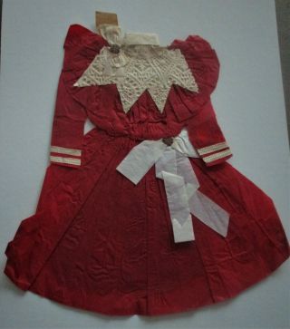 19th C,  Antique,  Handmade,  Crepe Paper Doll Dress,  Red Color,  6