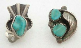 Vintage Navajo Turquoise Sterling Silver Clip On Earrings Mismatched Pair