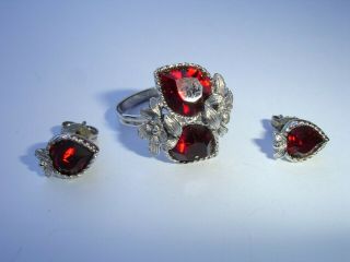 Vintage Sarah Coventry Birthstone Twin Heart Ring and Post Earrings July,  Ruby. 2