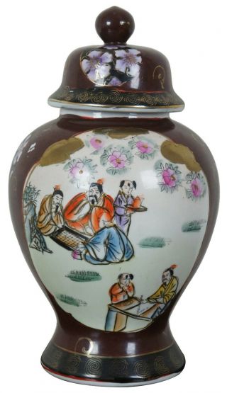 Vintage Japanese Imari Lidded Porcelain Ginger Jar Urn Vase Painted Scenes 13 "