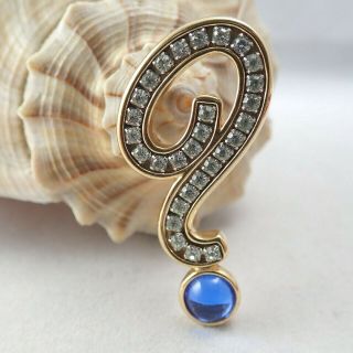 Vintage Swarovski Swan Stamp Clear Blue Crystal Question Mark Gold Tone Pin Broo