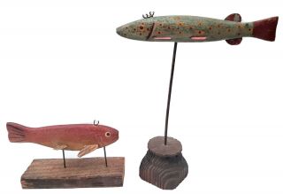 Vtg Pair Hand Made Folk Art Wood Fishing Decoy Painted Display
