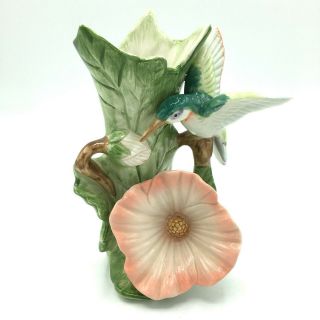 Vintage Fitz And Floyd Hummingbird Hibiscus Porcelain Bud Vase Vessel - 7 " Tall