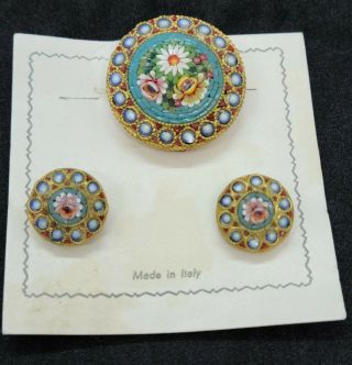 Antique Vintage Italian Italy Micro Mosaic Floral Brooch Pin & Clip Earrings Set