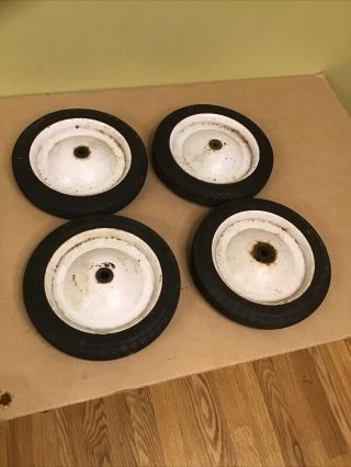 Set Of 4 Vintage Pull Wagon White Wall Wheels & Solid Rubber Tires 9.  5”