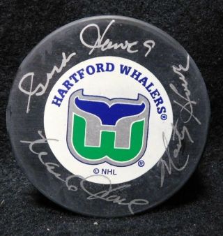 Gordie,  Marty & Mark Howe Signed Hartford Whalers Hockey Puck Jsa Authenticated