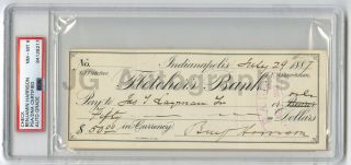 Benjamin Harrison U.  S.  President Autographed 1887 Check Psa/dna Slabbed