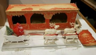 Vintage 1950s Irwin Hard Plastic Christmas Santa & His Reindeer Barn