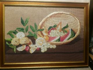 Vintage Embroidered Needlepoint Cross Stitch Fruit Framed Picture 24 " X 17 "