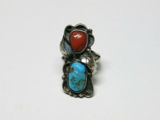 Vintage Zuni Navajo Turquoise & Coral Sterling Silver Ring,  Signed " Rn "