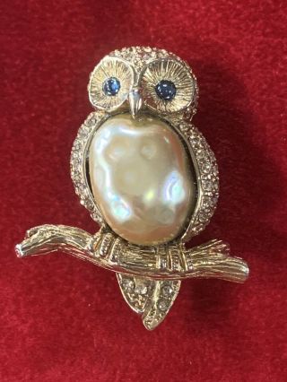 Vintage Signed Carolee Faux Baroque Pearl Rhinestone Blue Glass Cabs Owl Brooch